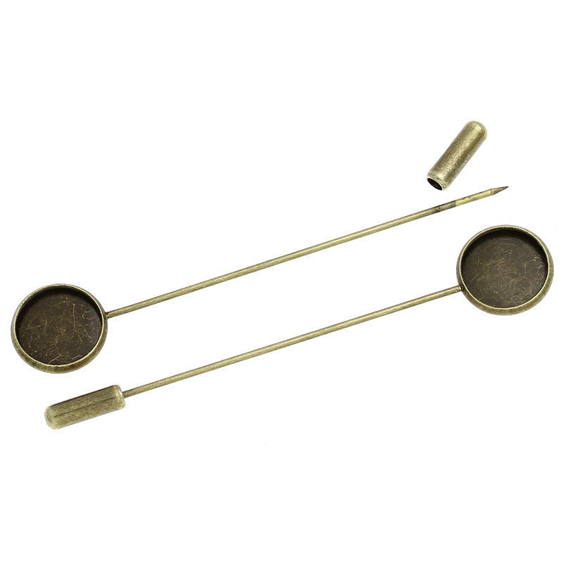 4 Bronze Metal Stick Pins, brooch pins, fits 12mm round cabochons, bezel tray,   fin0309a