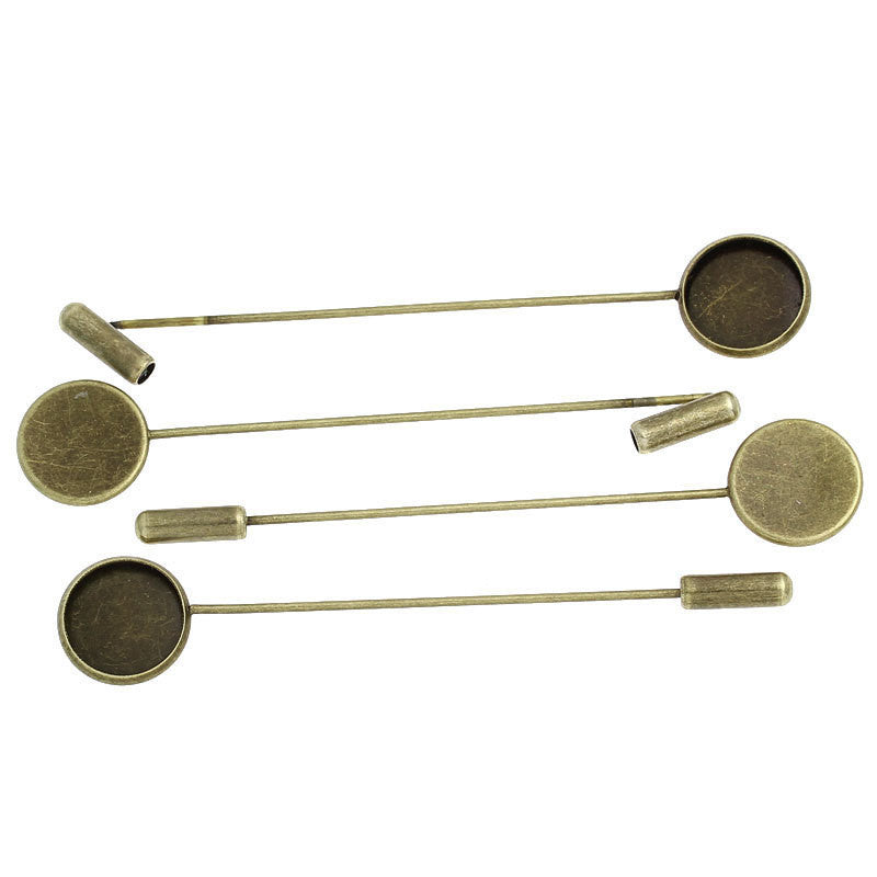 4 Bronze Metal Stick Pins, brooch pins, fits 12mm round cabochons, bezel tray,   fin0309a