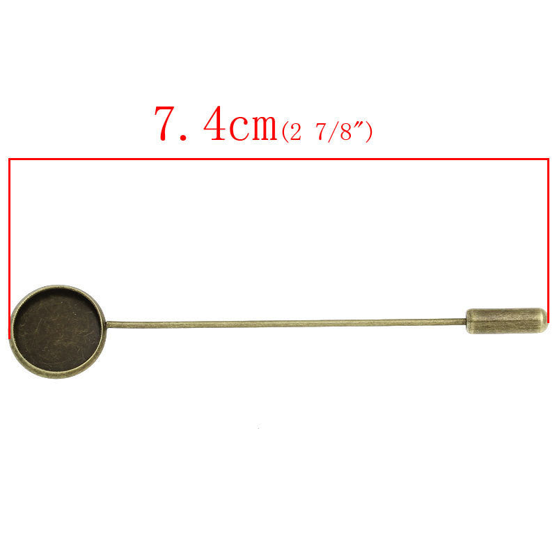 4 Bronze Metal Stick Pins, brooch pins, fits 12mm round cabochons, bezel tray,   fin0309a