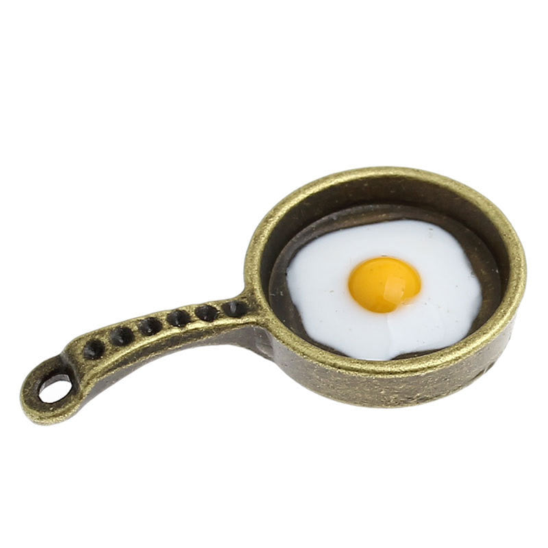 2 Bronze Metal FRYING PAN Charm Pendants with Enamel Fried Eggs  chb0011