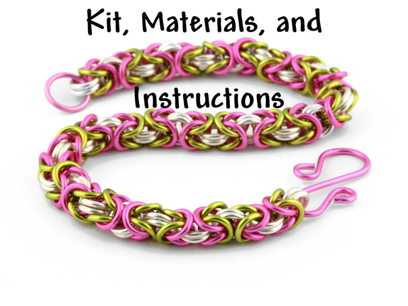 Pink and Green PEONY Tri-Color Byzantine Bracelet Chain Mail Weave Got Maille Kit, includes materials, full color instructions kit0033