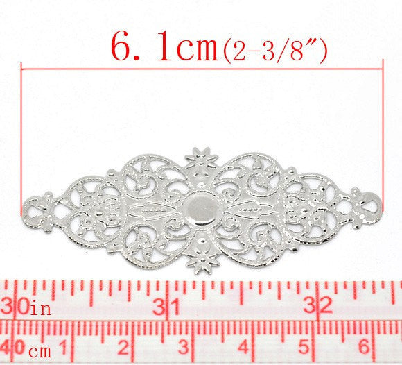 50 bulk Silver Tone Metal Filigree Flat Wraps Connectors 6.1x2.4cm (2-1/2"x1-7/8")  FIL0021b