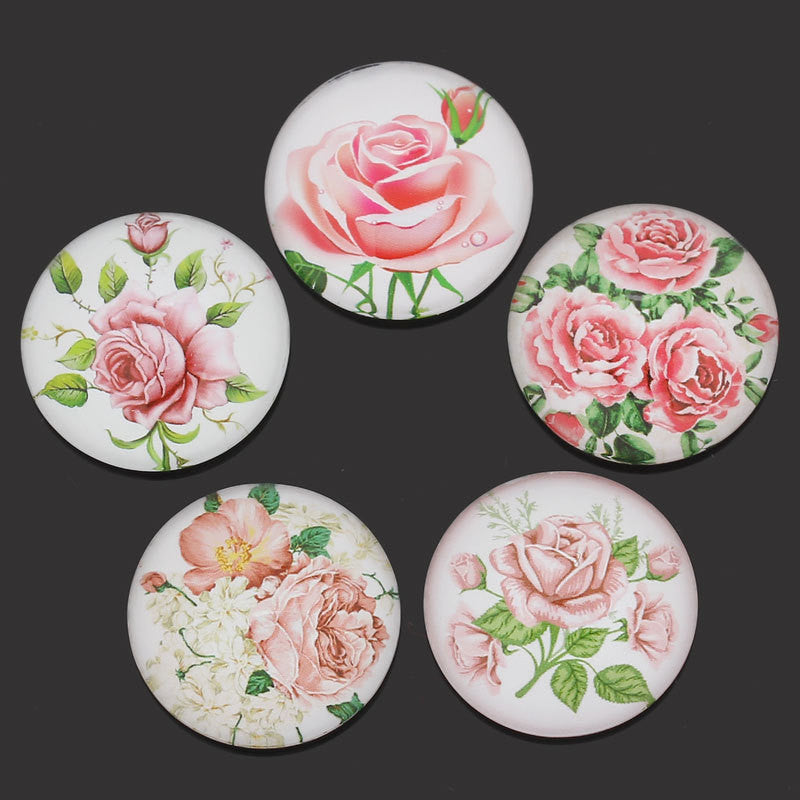 5 Glass Rose Cabochons, flatback, 1" diameter for bottlecaps, magnets, jewelry,  crafting cab0186