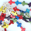 24 Small Carved Stone Gemstone CROSS Beads in Mixed Colors . 1 long strand 15.5"  16mm x 12mm sideways cross how0138