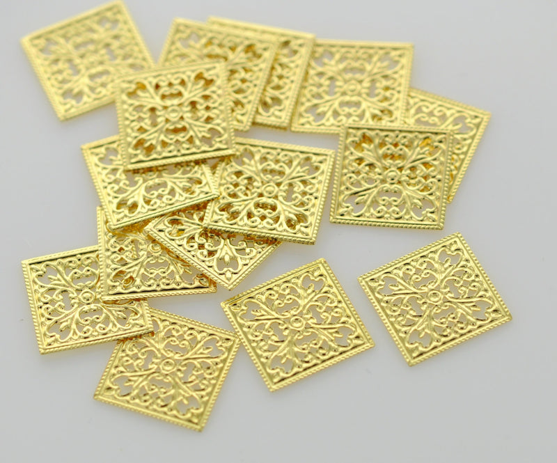 10 Bright Gold Brass Filigree Squares, flat thin findings for jewelry making, crafts  15mm square FIL0001