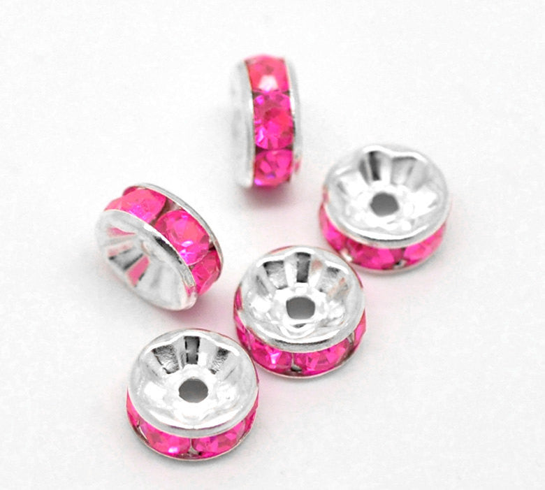8mm HOT PINK Rhinestone Spacer Rondelle Beads . 10 pieces  bme0030