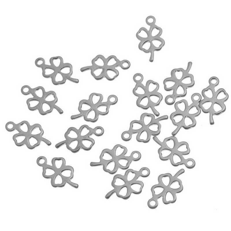 6 Small Stainless Steel Metal Charms, FOUR LEAF Clover tags. 12x7mm chs0059