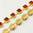 1 yard ( 3 feet ) Rhinestone Cup Chain, 3mm, gold brass base metal and RED glass crystals fch0159