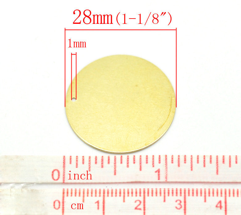 10 Brass Sheet Metal Stamping Blanks, CIRCLE DISC shape with hole, 28mm (1 1/8")  22 gauge msb0057