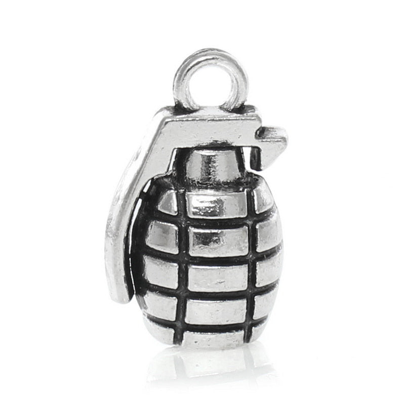 3 Antiqued Silver Tone HAND GRENADE Charm Pendants chs0118