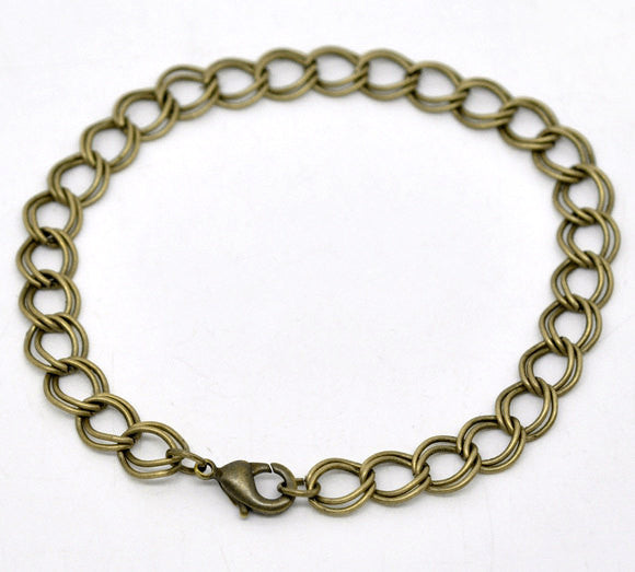One Dozen (12) Antique Bronze Curb Link Double Loop Chain Bracelets 20cm (7-7/8") FCH0011