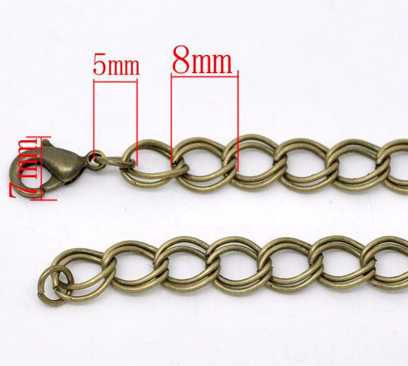 One Dozen (12) Antique Bronze Curb Link Double Loop Chain Bracelets 20cm (7-7/8") FCH0011