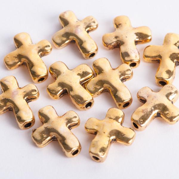 10 Gold Tone Metal Sideways Cross Beads, hammered textured metal . 13mm x 11mm chg0005