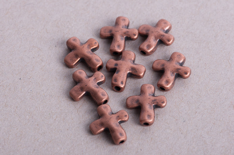 10 Copper Tone Metal Sideways Cross Beads, hammered textured metal . 13mm x 11mm chc0006