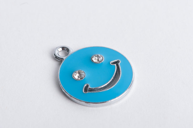 4 Smiley Face Charms, enamel and rhinestones, BLUE  che0109