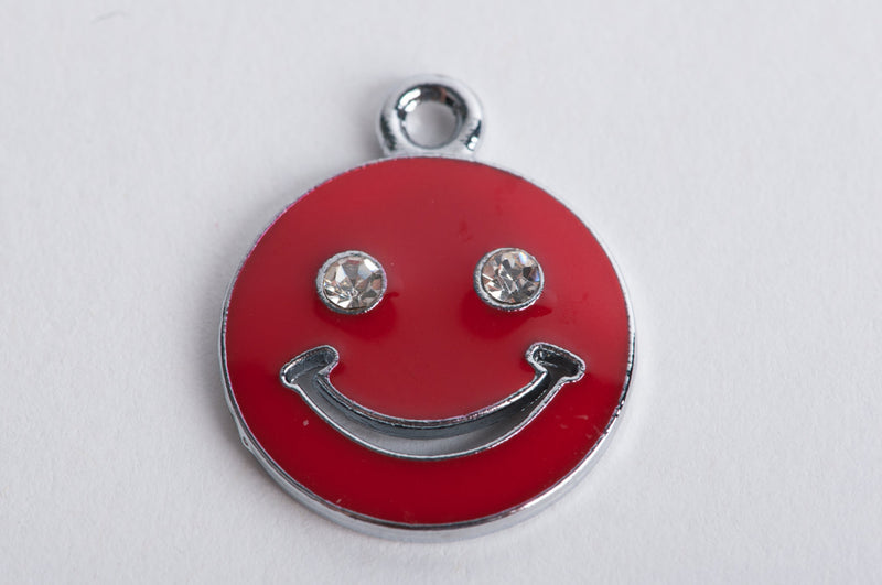 4 Smiley Face Charms, enamel and rhinestones, RED  che0111