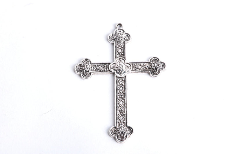 2 Large Antique Silver Tone Ornate Cross Pendants, chs0157