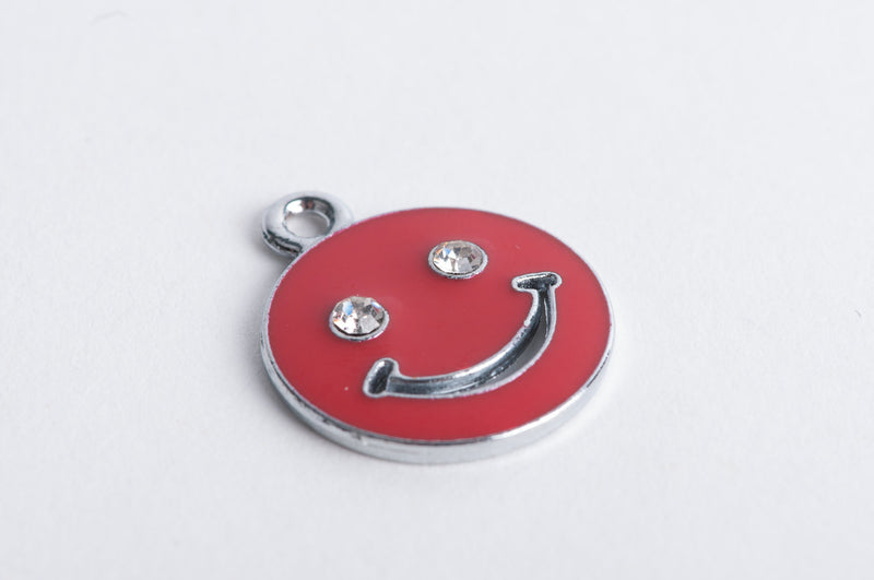 4 Smiley Face Charms, enamel and rhinestones, RED  che0111