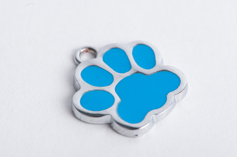 4 Metal Enamel MEDIUM BLUE Paw Print School Mascot Charm Pendants. Bear, Tiger, Panther, Cougar. che0118