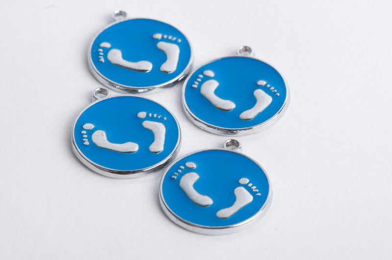 4 BLUE BABY Footprint Charms, Silver with Blue Enamel, che0119