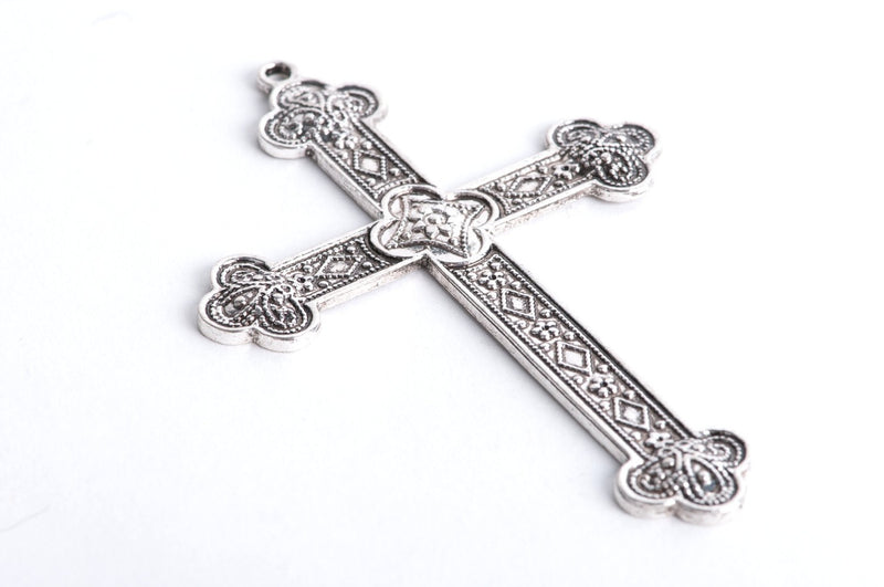 2 Large Antique Silver Tone Ornate Cross Pendants, chs0157