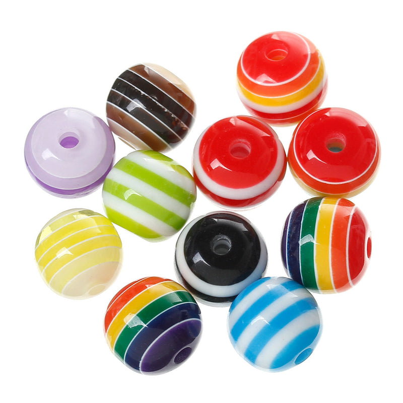 100 Round Mixed Colors Striped Beads . rainbow, black and white, orange, red, yellow, pink . acrylic  12mm  bac0015
