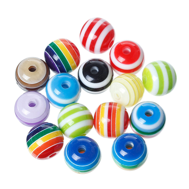 100 Round Mixed Colors Striped Beads . rainbow, black and white, orange, red, yellow, pink . acrylic  12mm  bac0015