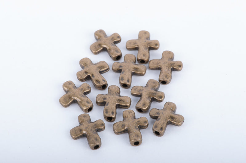 10 Bronze Tone Metal Sideways Cross Beads, hammered textured metal . 13mm x 11mm chb0046