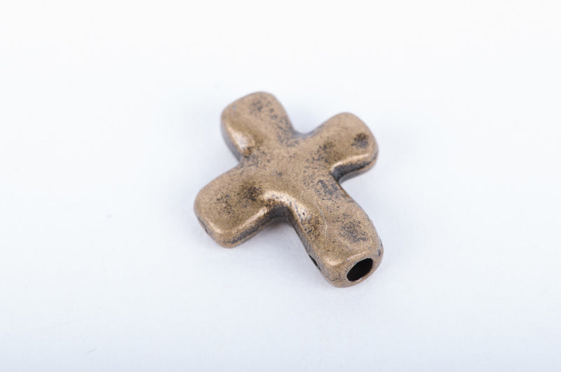 10 Bronze Tone Metal Sideways Cross Beads, hammered textured metal . 13mm x 11mm chb0046