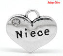 20 bulk package Silver Tone Rhinestone " Niece " Heart Charm Pendant 16x14mm (5/8"x1/2") chs0162b