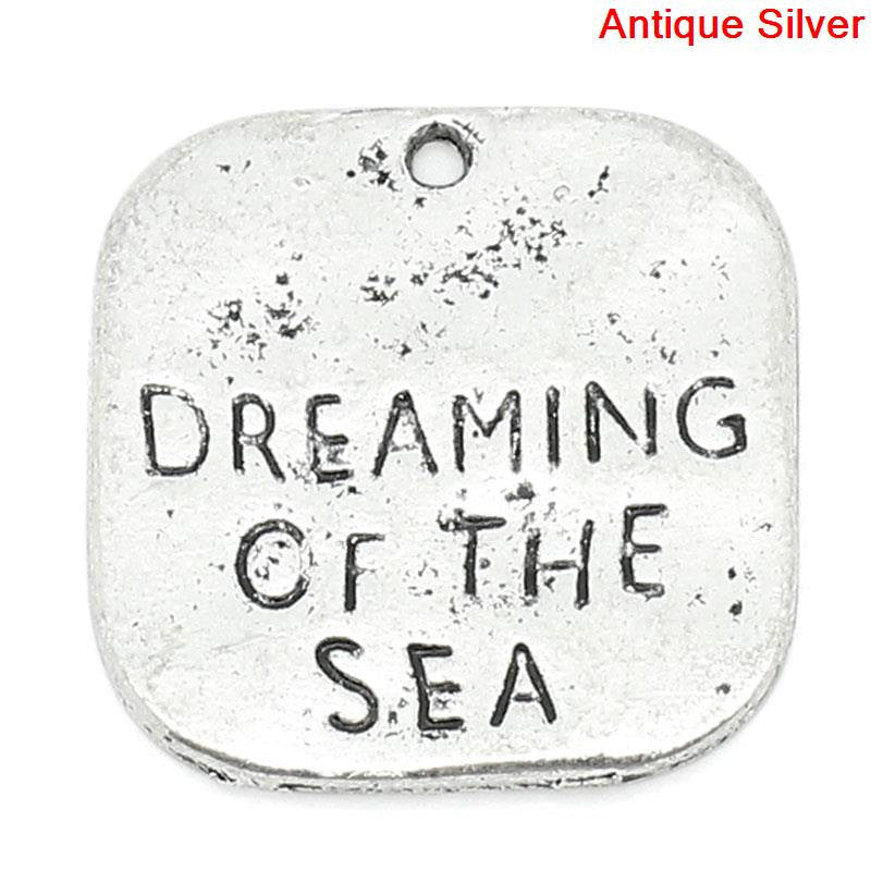 10 Stamped Silver Metal Square Charm Pendants, DREAMING of the SEA, 20mm x 19mm . Chs0176