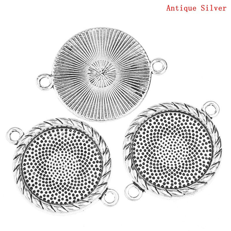 4 pcs BEZEL TRAY 2-Hole Connectors Round Silver Plated . Cabochon Setting 34x25mm (Fits 20mm Dia) . Chs0179