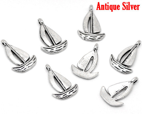 10  Silver Tone Metal SAILBOAT Charm Pendants 13mmx19mm  chs0181