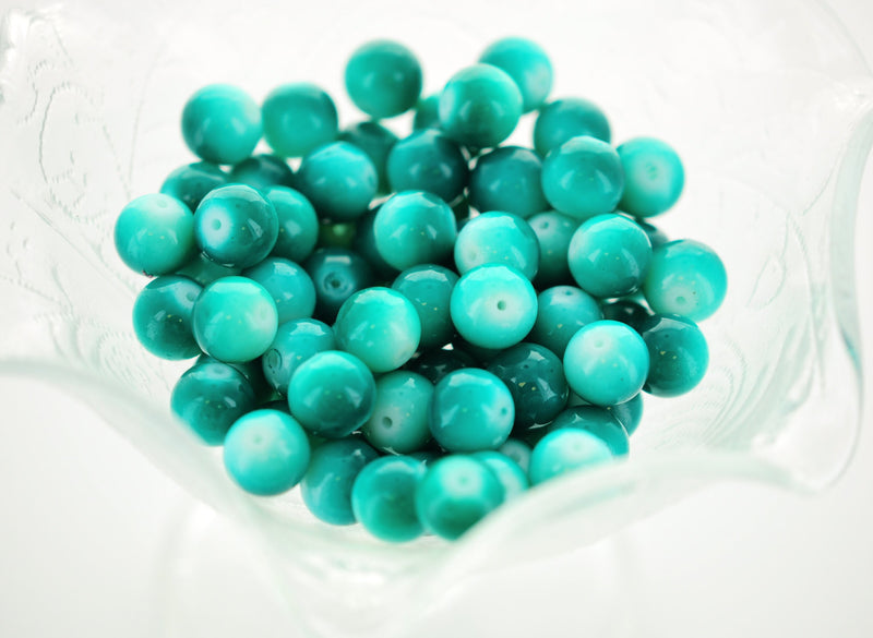 40 Round Glass Beads, OMBRE WHITE and TEAL Green, 10mm bgl0016