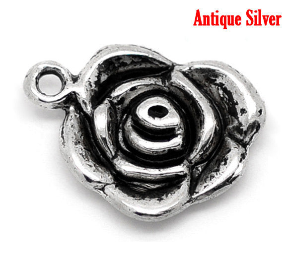 10 Silver Tone ROSE Flower Charm Pendants chs0232
