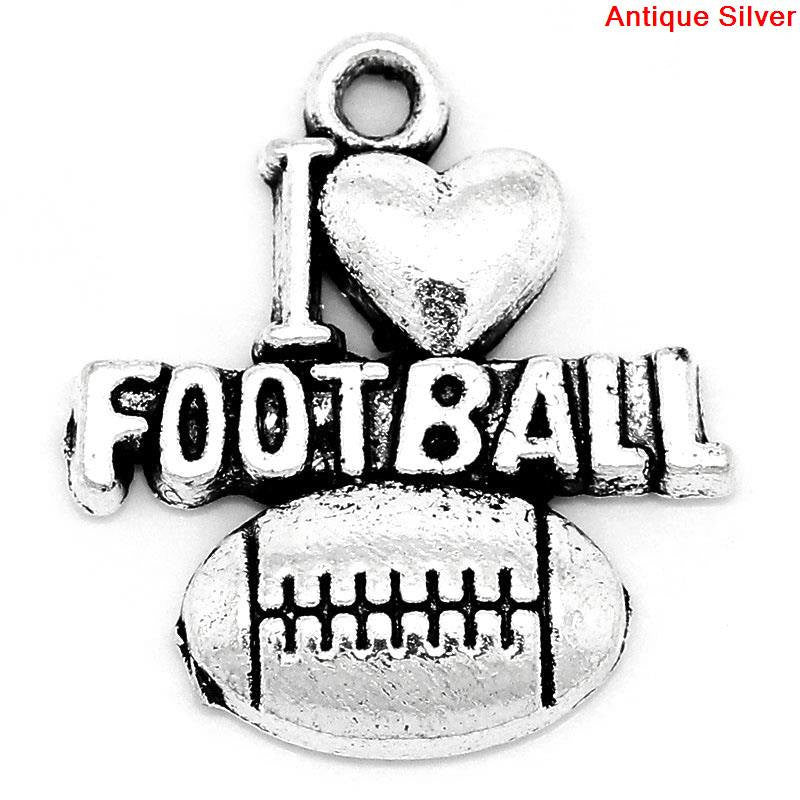 10 I LOVE Football Charms Heart Silver Metal 20mm x 18mm.  chs0237