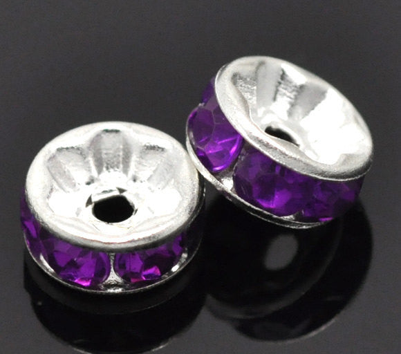 8mm PURPLE GRAPE Rhinestone Crystal Spacer Rondelle Beads . 10 pieces . Smooth Edge . silver plated core . bme0223