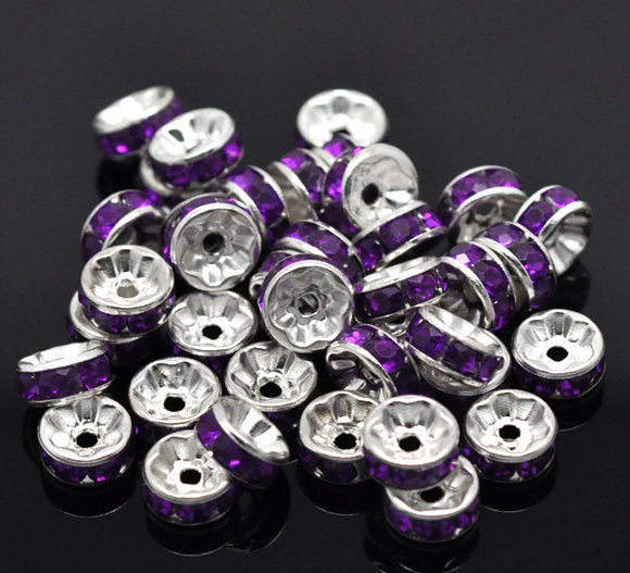 8mm PURPLE GRAPE Rhinestone Crystal Spacer Rondelle Beads . 10 pieces . Smooth Edge . silver plated core . bme0223