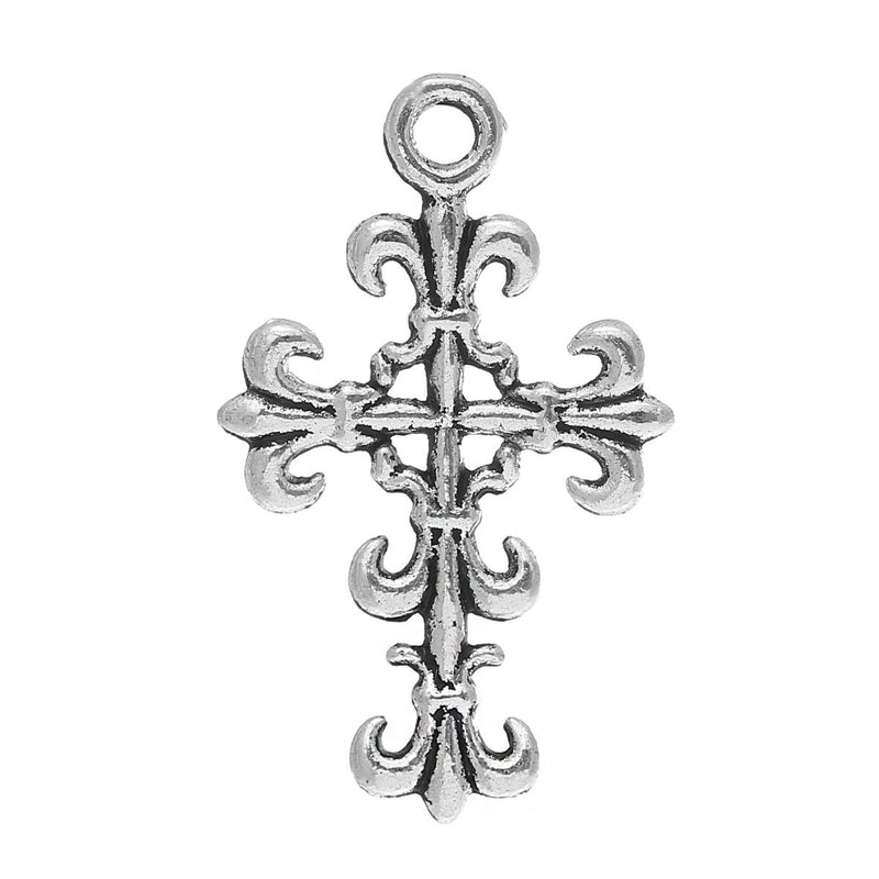 10 Antique Silver Metal FLEUR DE Lis Cross Charm Pendants.  chs0260