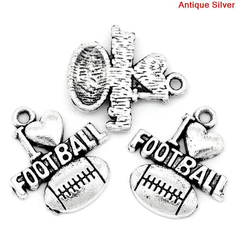 10 I LOVE Football Charms Heart Silver Metal 20mm x 18mm.  chs0237