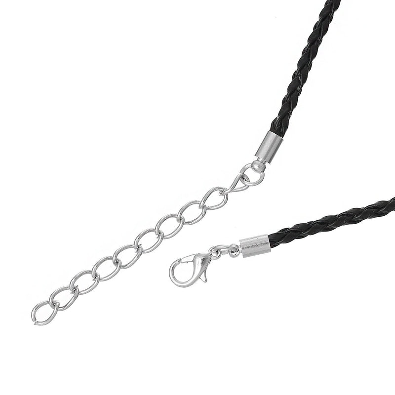 20 JET BLACK Leatheroid NECKLACE Braided Cords with Lobster Clasp . 19" long plus 2" extender chain fch0019