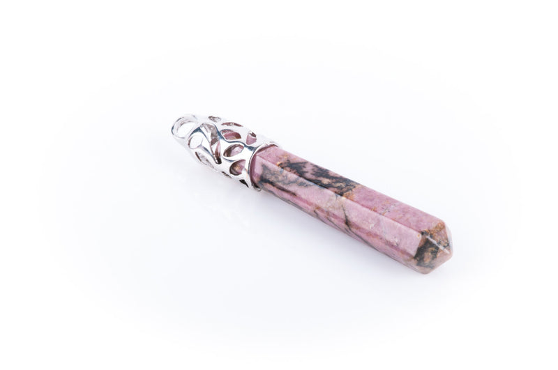 1 Gemstone Pendant, Pink and Black RHODONITE Stone, 2.5" long fancy silver tone bail findings  cgm0010