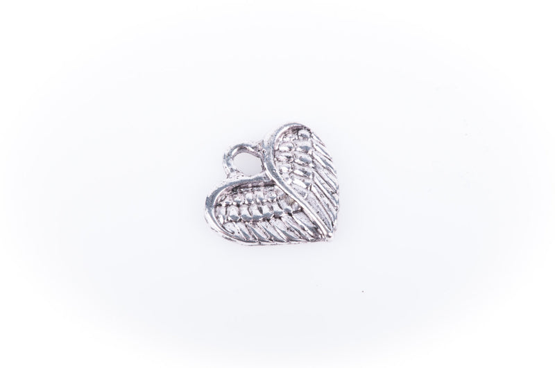 10 Silver Tone Metal ANGEL WING Heart . Charm Pendants 12x12mm  chs0314