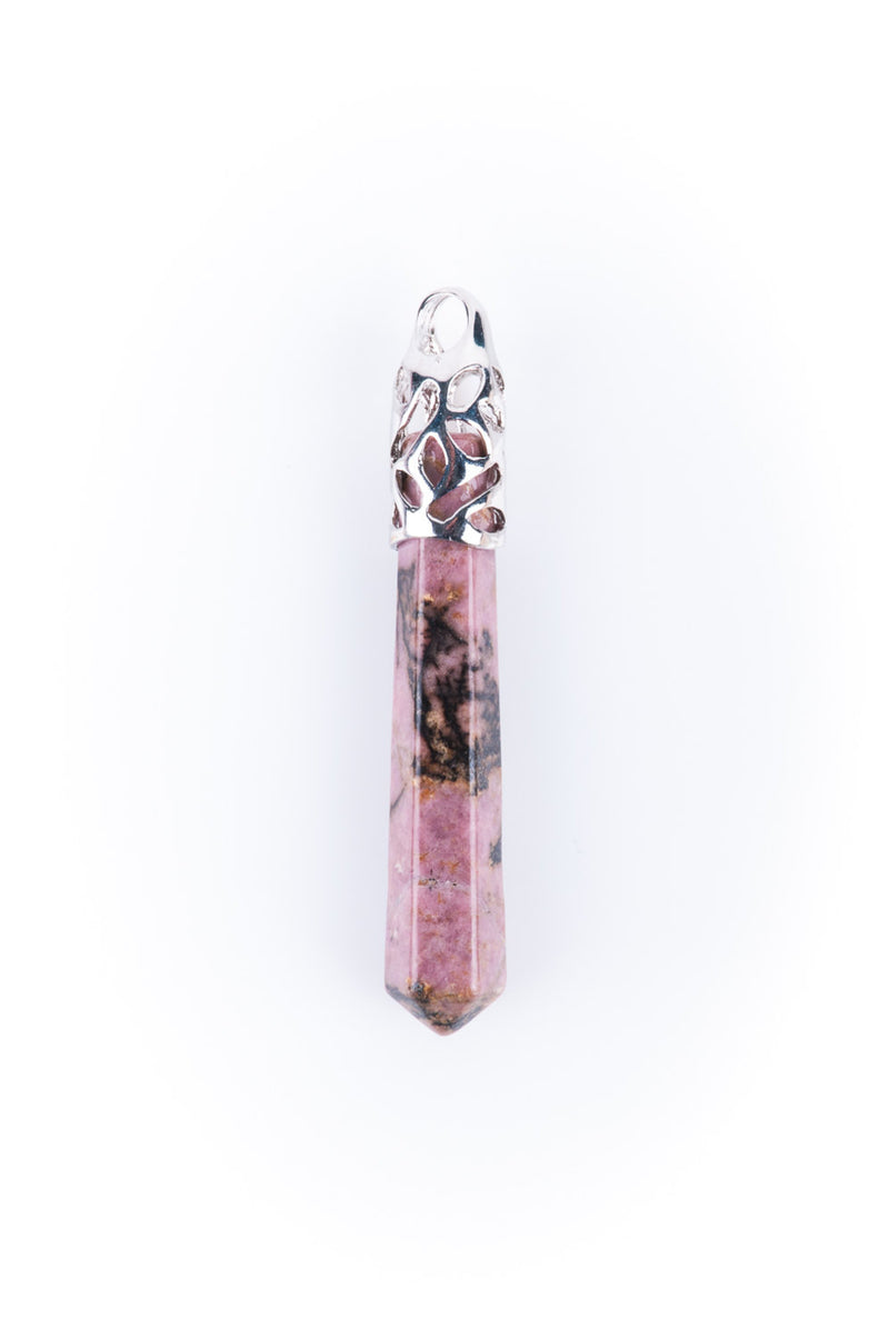 1 Gemstone Pendant, Pink and Black RHODONITE Stone, 2.5" long fancy silver tone bail findings  cgm0010