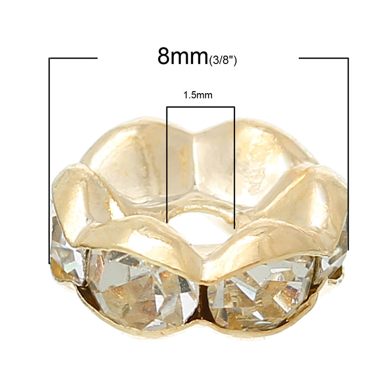 8mm Gold Plated Metal with Clear GLASS Rhinestone Crystal Spacer Rondelle Beads  10 pieces . Scalloped Edge  bme0032