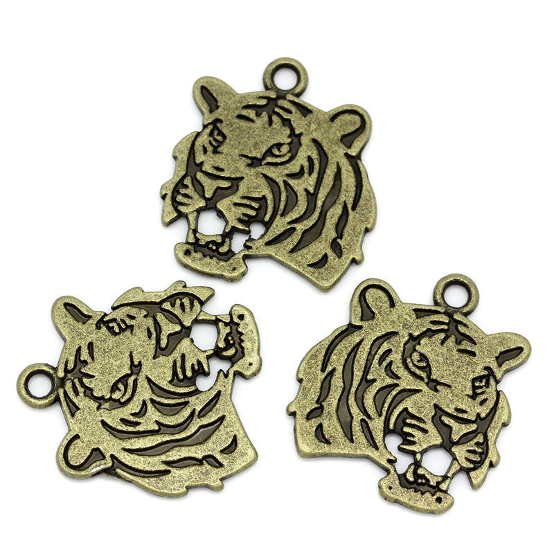 10 Antique Bronze Metal TIGER Charm Pendants. CHB0189