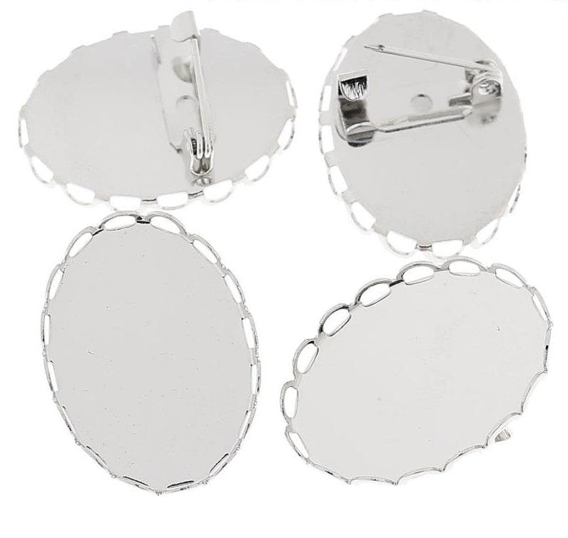 4 Bright Silver Cameo Frame Setting Brooch Pins  2.6cm x 1.9cm (Fits 25x18mm cameos)  pin back fin0029