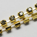 1 yard ( 3 feet ) Rhinestone Cup Chain, 2mm, gold brass base metal and BLACK DIAMOND glass crystals fch0185