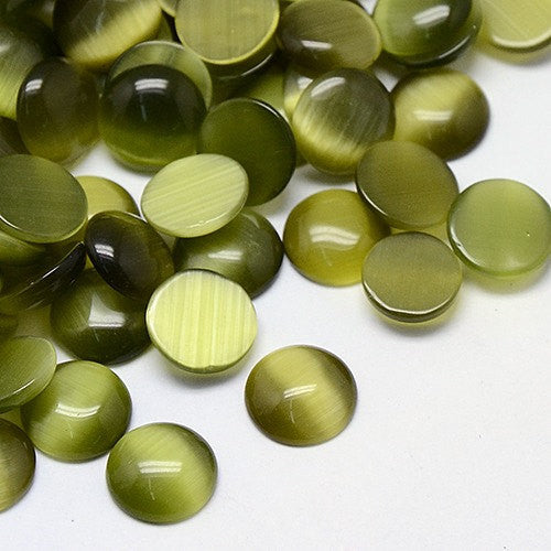 8 Round Circle Glass Cabochons, flatback, FOREST GREEN OLIVE Cat's Eye 16mm  cab0079