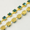1 yard ( 3 feet ) Rhinestone Cup Chain, 3mm, gold brass base metal and TURQUOISE BLUE glass crystals fch0162